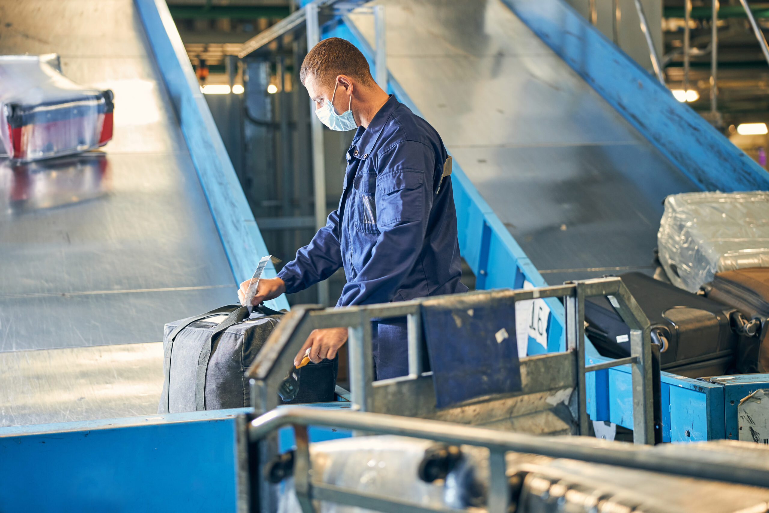 Luggage handler looking down at a baggage tag on a bag while sorting passengers luggage at an airport