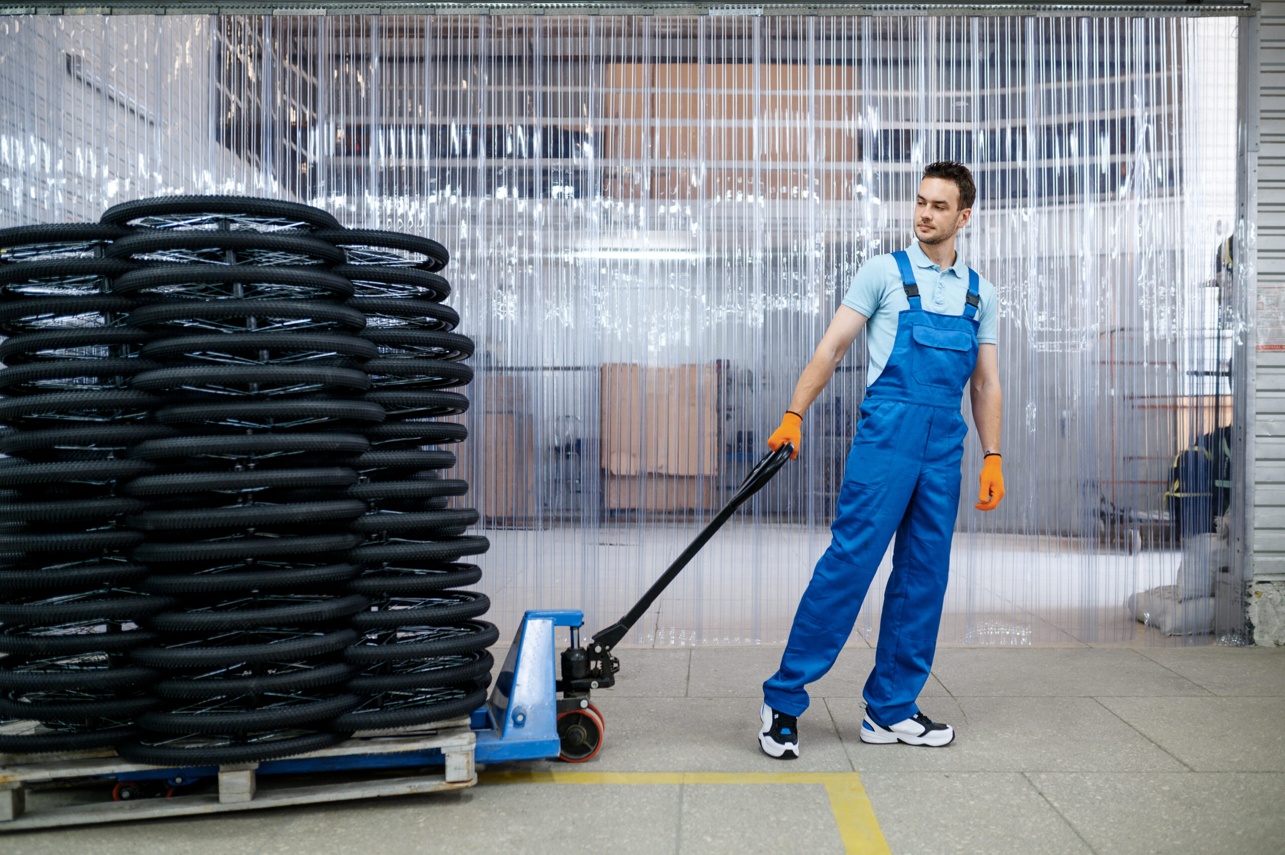 Male mechanic carries bicycle wheels on a cart on factory. Bike rims assembly line in workshop, cycle parts installation, modern technology