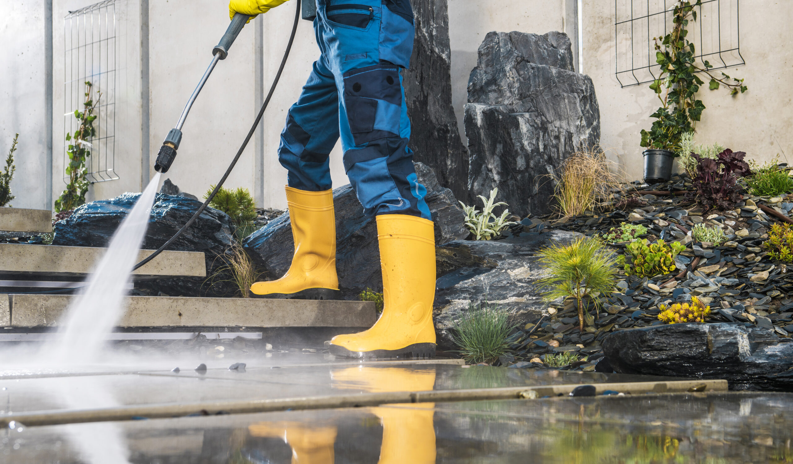 Men Wearing Yellow Rubber Boots Pressure Washing Architectural Concrete Elements in His Garden. Lower Body Close Up. Modern Concrete Backyard Stairs Cleaning.