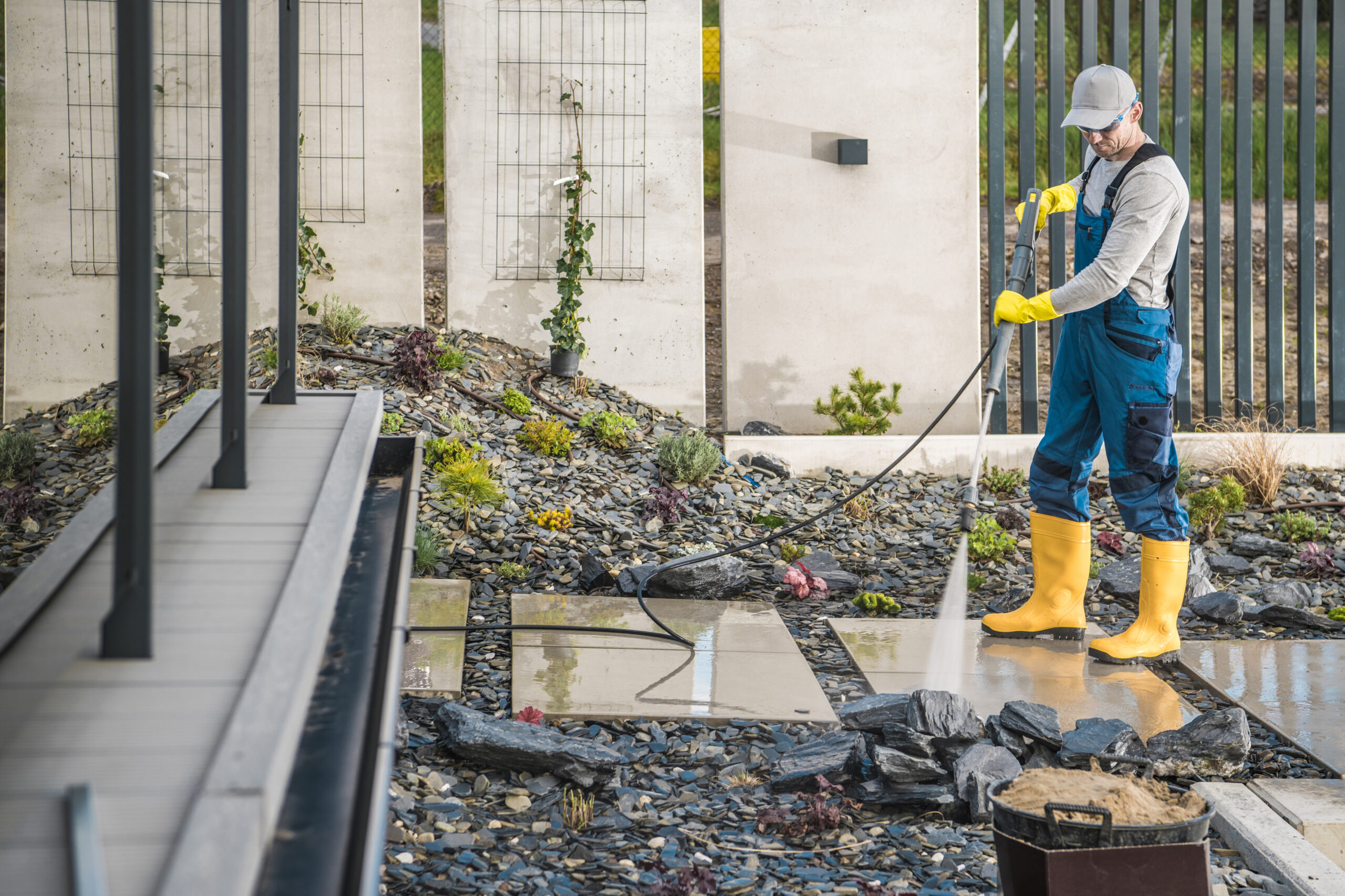 Caucasian Middle Aged Man in Work Clothing and Rubber Boots Cleaning Concrete Slab Path Using Pressure Washing Equipment. Home Surroundings Maintenance Theme.