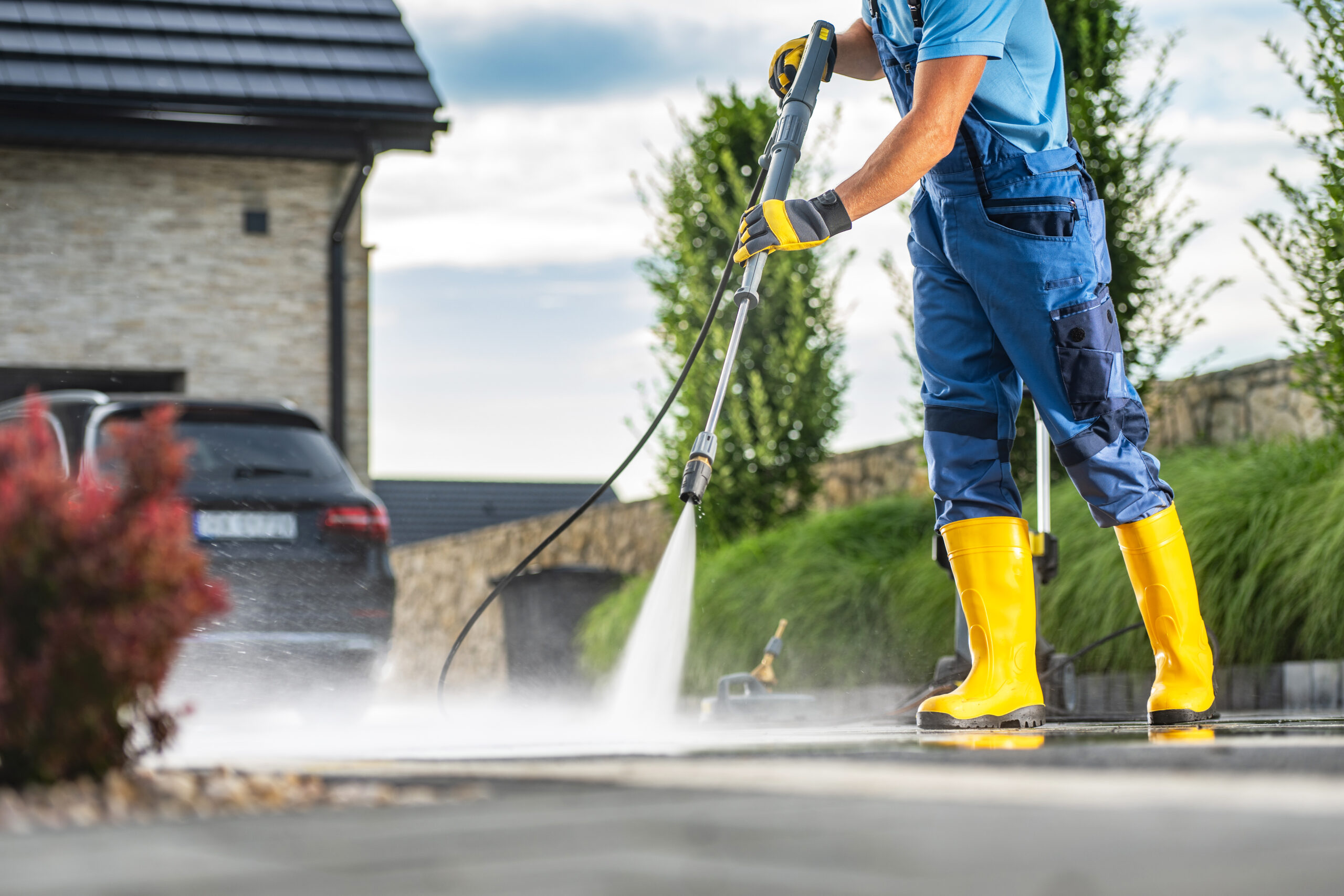 Caucasian Homeowner Using Powerful Pressure Washer to Clean Dirty Driveway